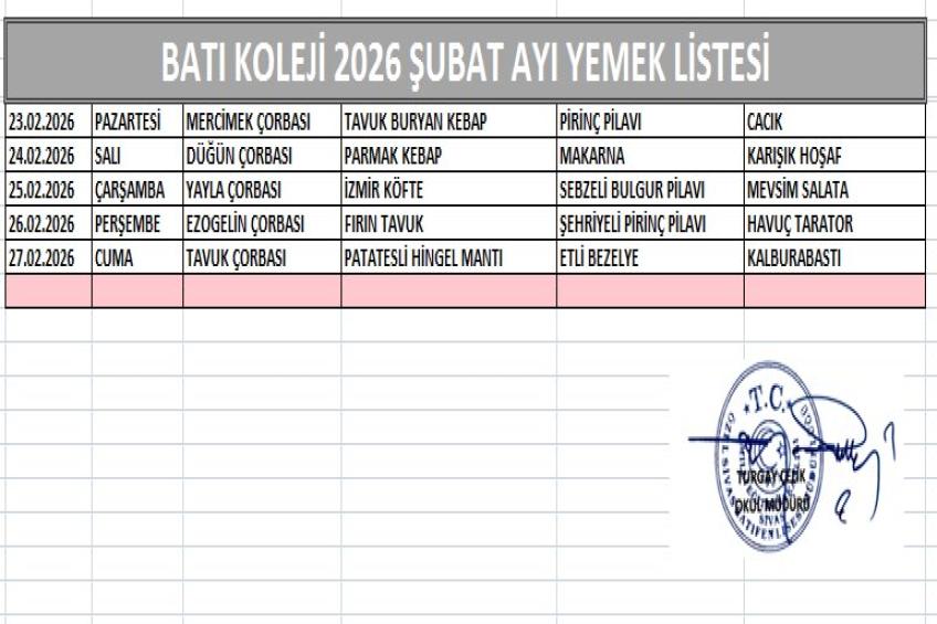 ŞUBAT AYI (2026) YEMEK LİSTESİ - 4
